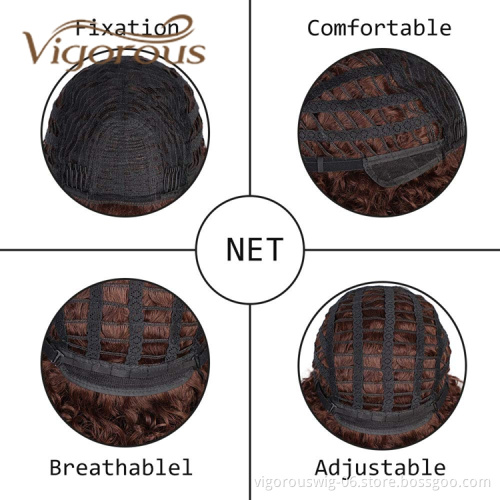 Vigorous Wholesale Short Kinky Curly Fluffy Brown Machine Made Heat Resistant Fiber Cosplay For Black Women Synthetic Hair Wigs